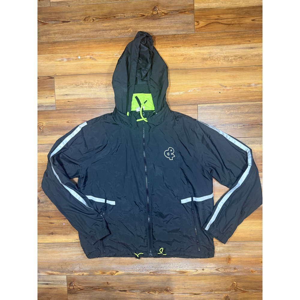 Love and Sports Women XL Black Reflective Stripe Hooded Windbreaker Jacket Neon